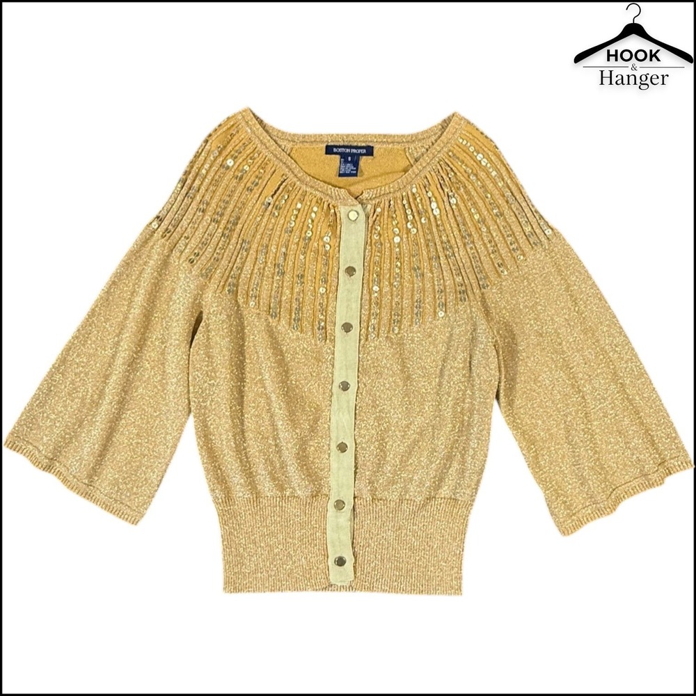 Boston Proper Gold Metallic Sequin Cardigan Sweater S Flared 3/4 Sleeve Glam Y2K